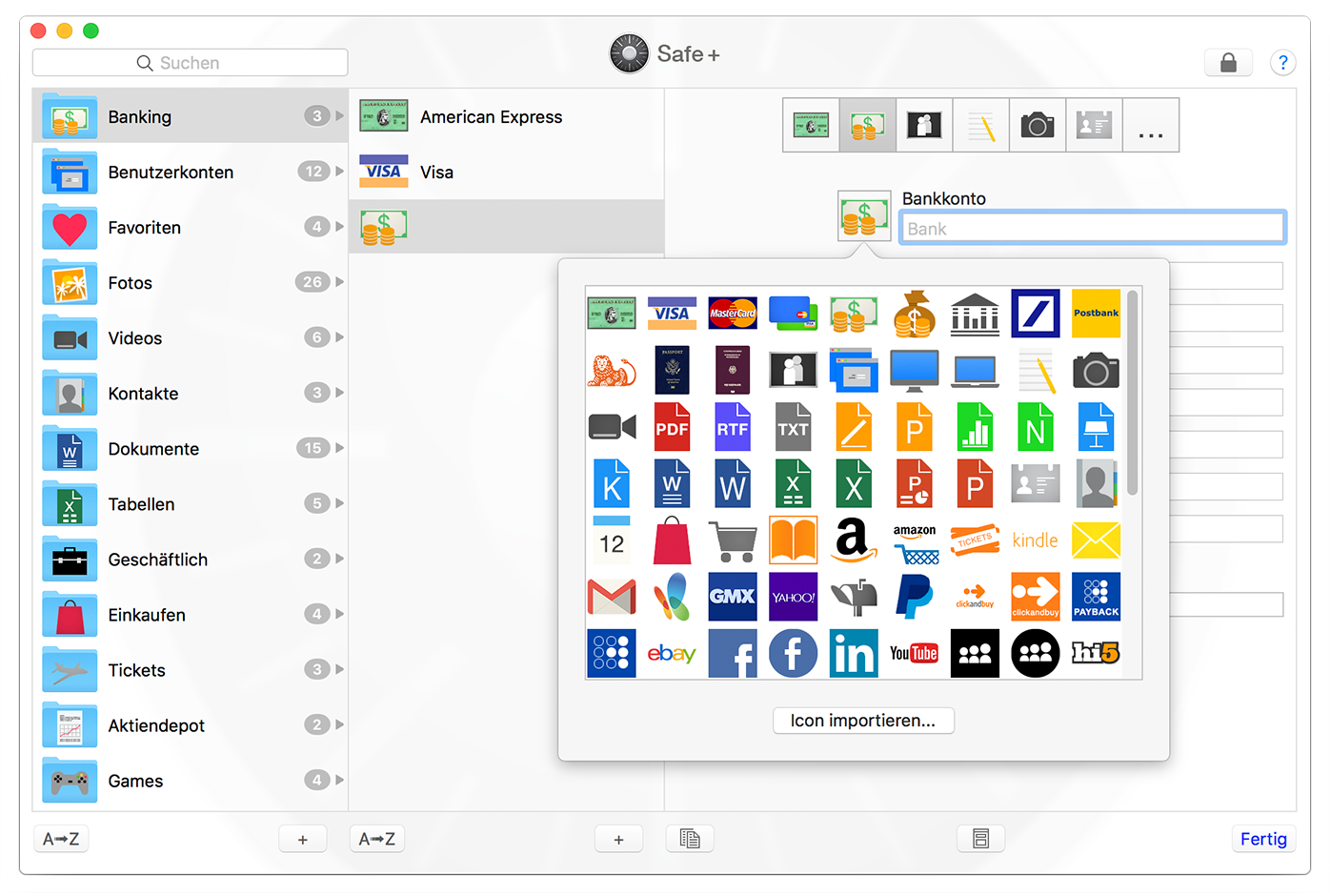 Safe + für Mac ein Icon für einen Eintrag auswählen.