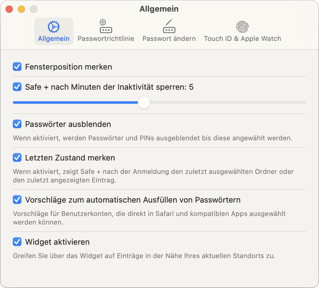 Safe + für Mac Einstellungen.